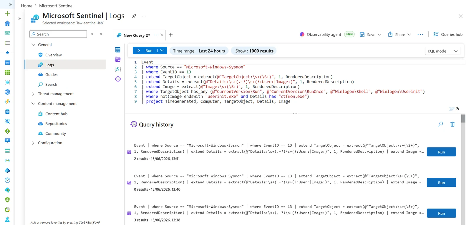 Registry persistence query catching the planted entry