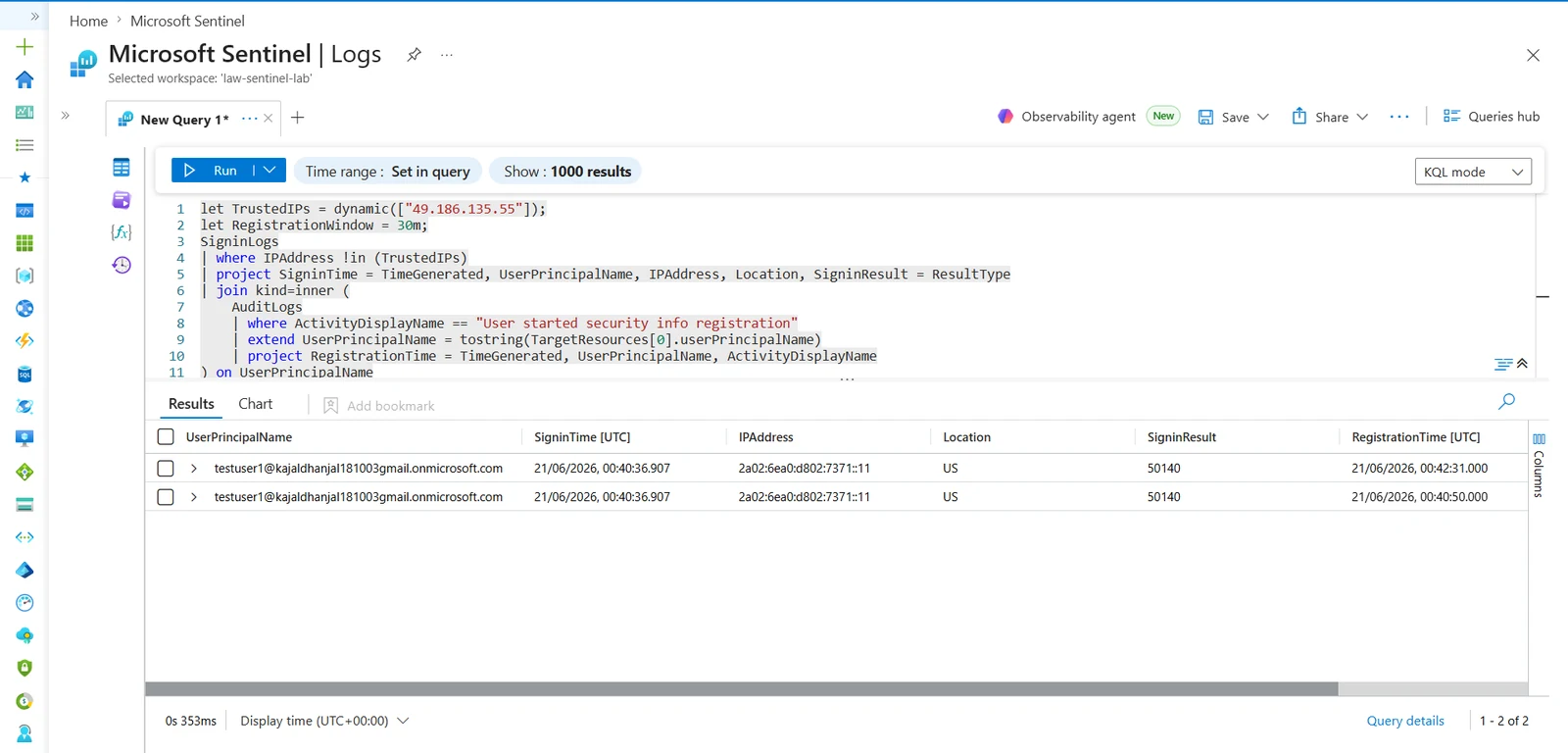 MFA registration KQL query and the correlated sign-in and registration result