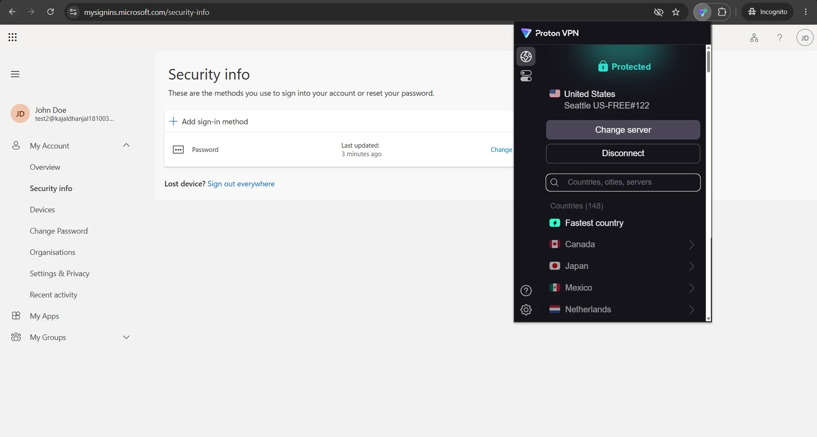 Security info page signed in through Proton VPN on a Seattle exit node