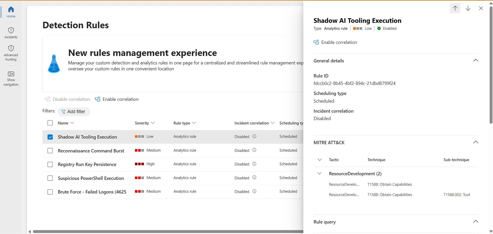 Shadow AI Tooling Execution rule in Sentinel, mapped to T1588.002