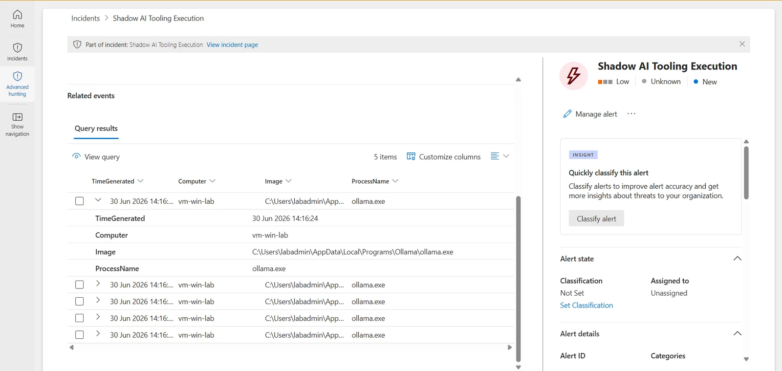Incident showing captured ollama.exe process creation events