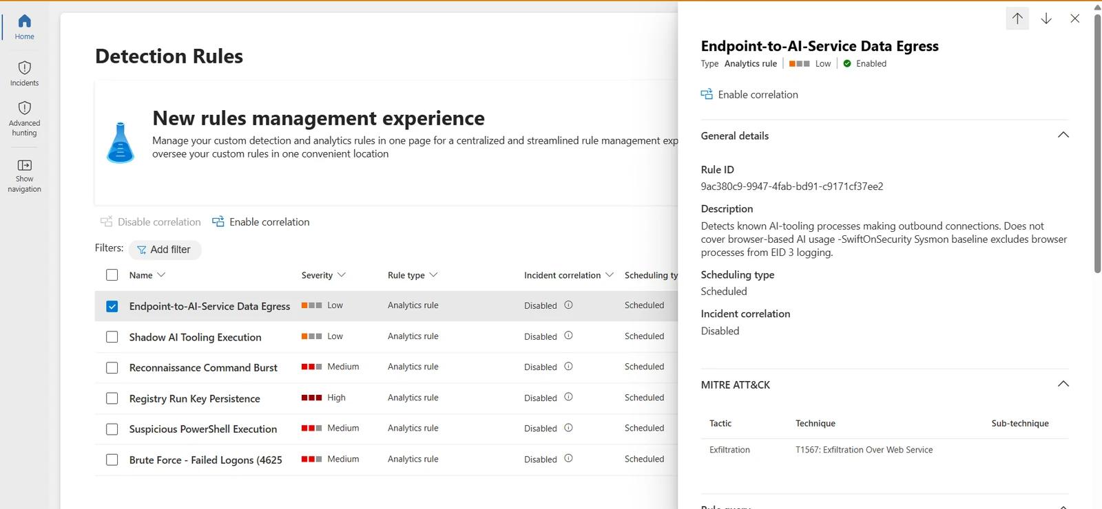 Endpoint-to-AI-Service Data Egress rule, with the browser-exclusion limitation in its description