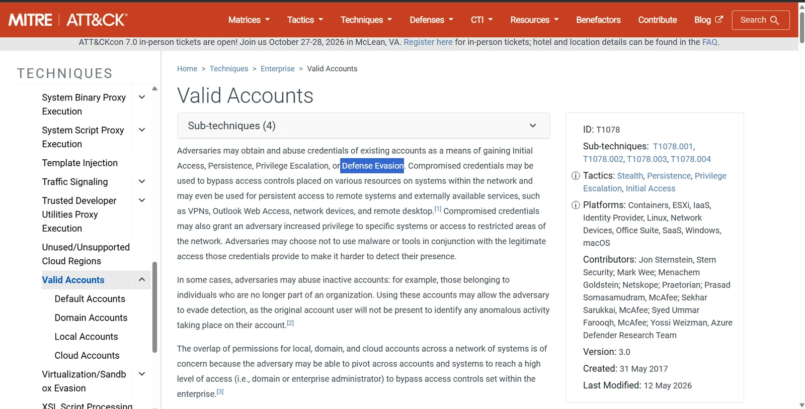 MITRE ATT&CK Valid Accounts page listing Stealth under Tactics